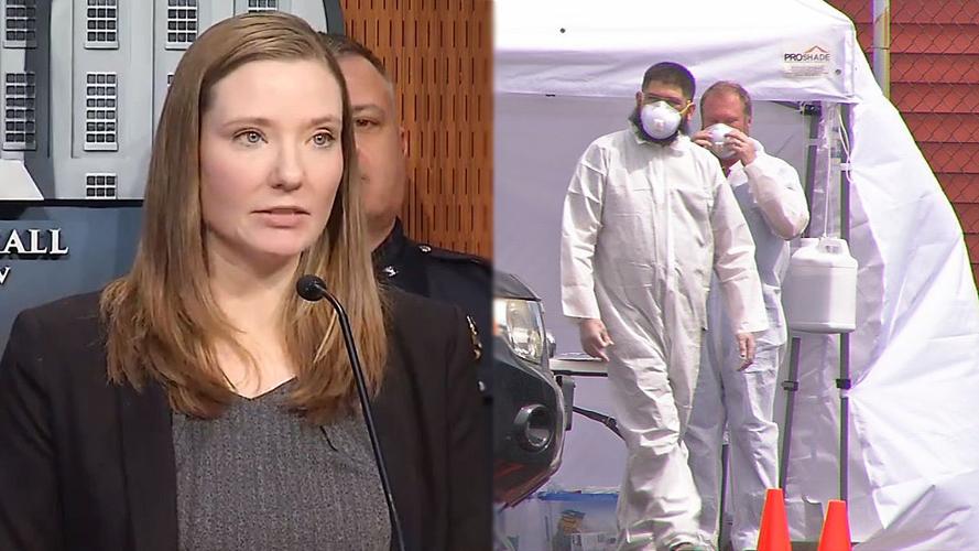 Dr. Sarah Moyer (left) and fake COVID-19 testing site (right)