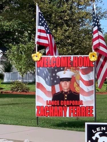 Sign welcoming Lance Corporal Zachary Ferree home to New Washington, Indiana, from Afghanistan