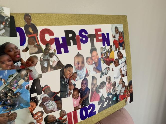 Christen Lovett family photos on bulletin board