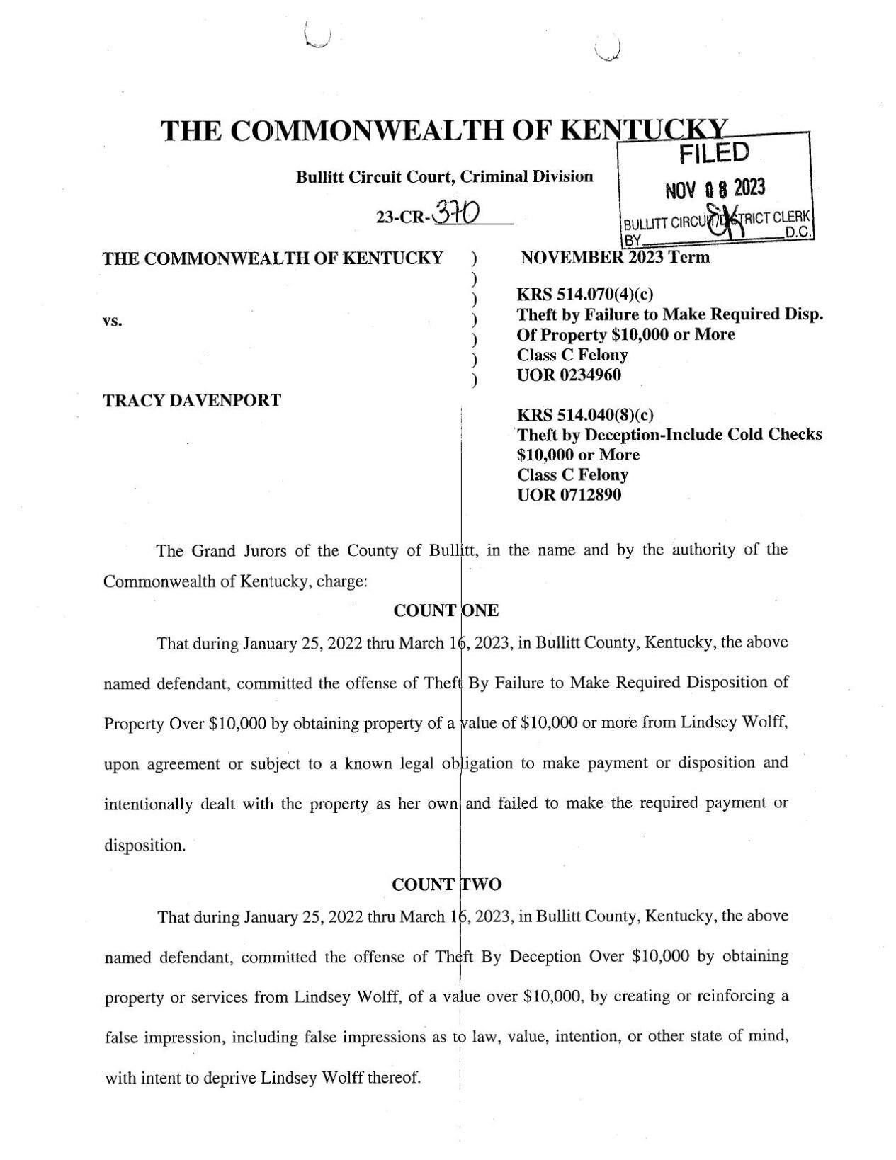 Bullitt County Davenport indictment