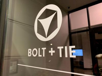 Sign on door of Bolt + Tie in Clarksville, Indiana