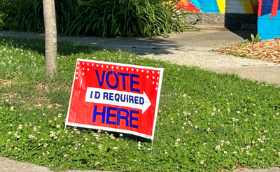Vote Here Sign outside Mary T. Meagher Aquatic Center in Louisville, Ky.