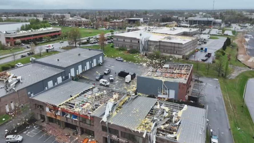 Aerial view of damaged businesses in Jeffersontown, Kentucky