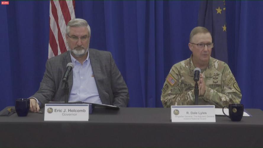 Indiana Gov. Eric Holcomb (left) and Brig. Gen. R. Dale Lyles, the adjutant general of Indiana (right)