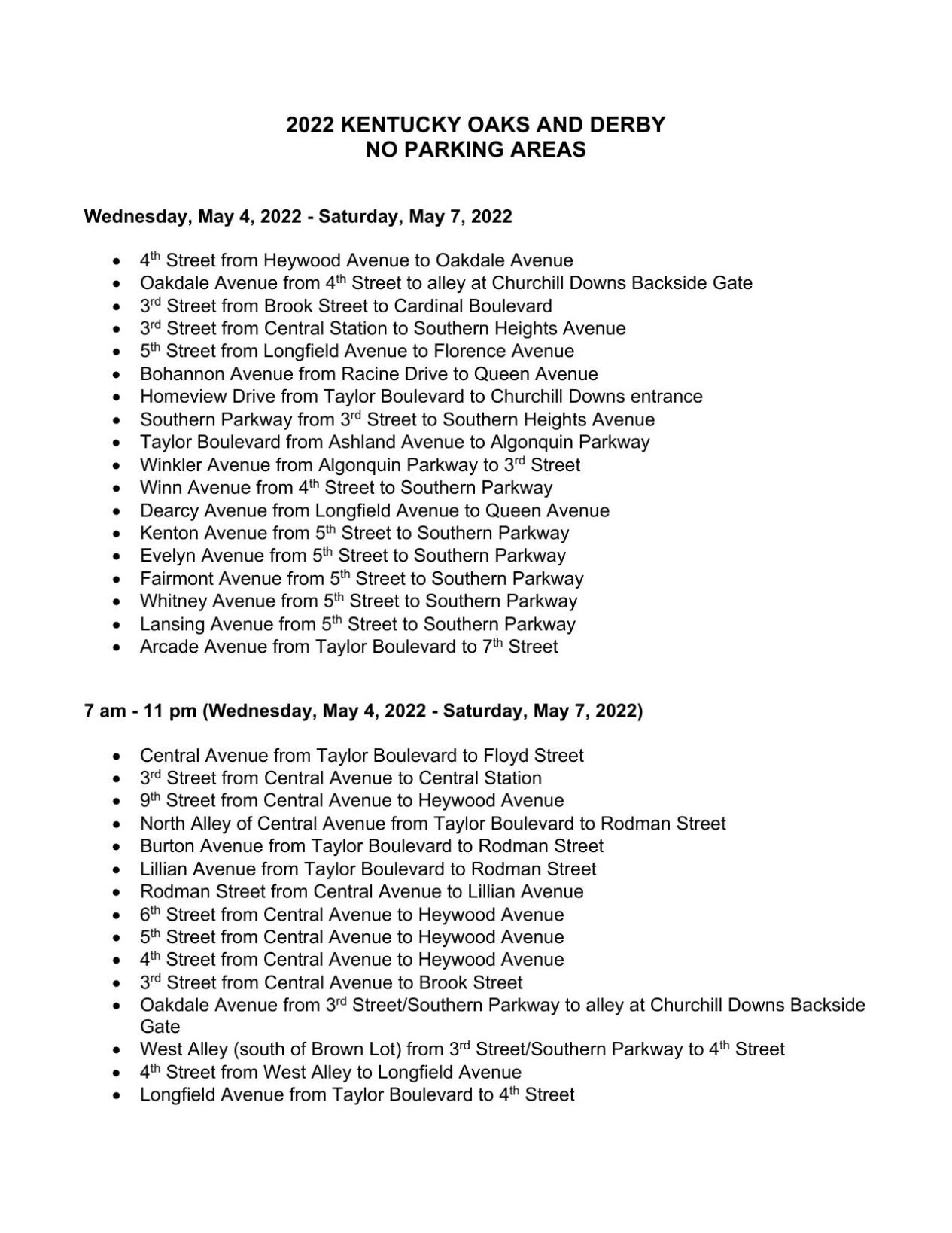 2022 Kentucky Oaks and Derby 'No Parking' areas