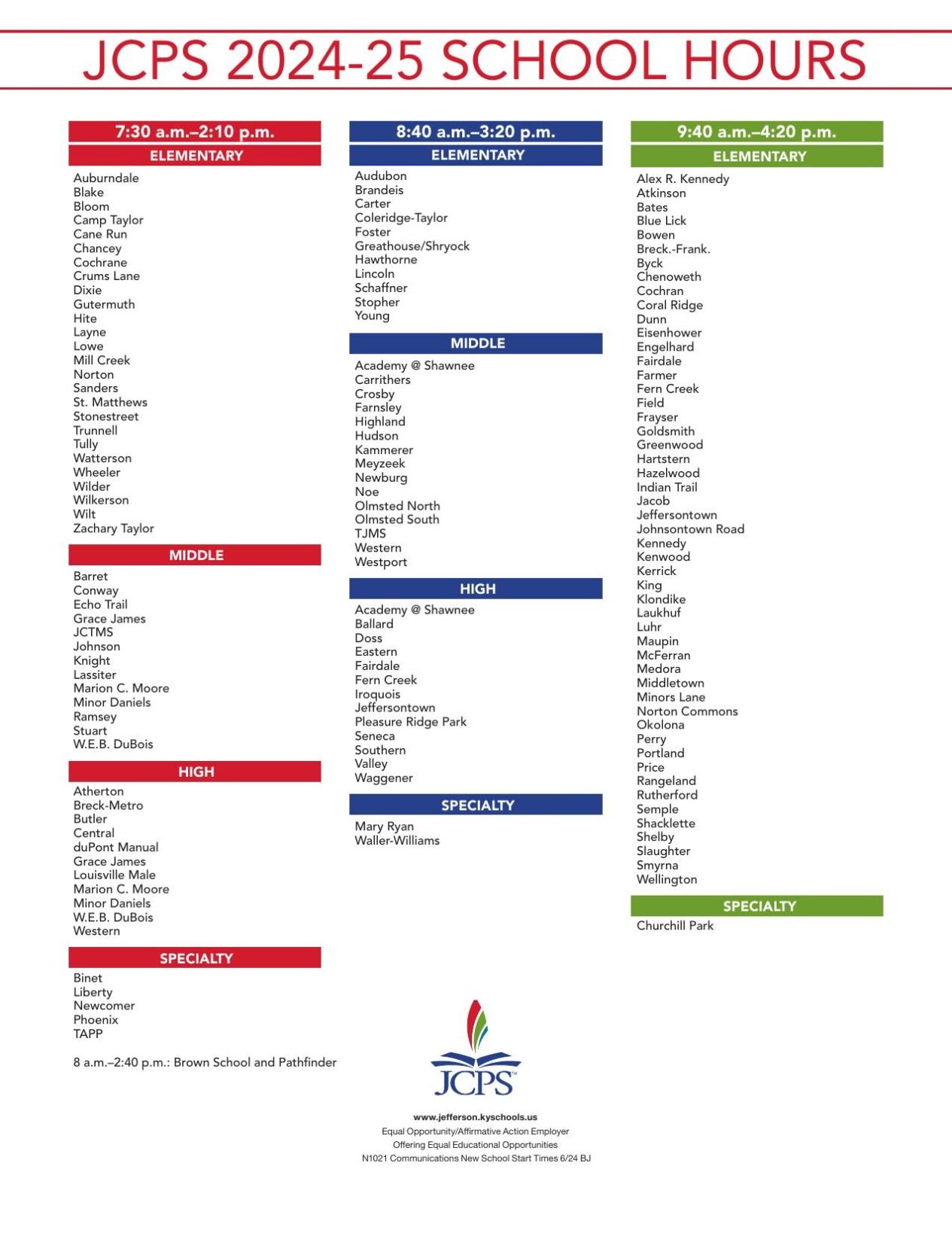 JCPS school start times 2024-25