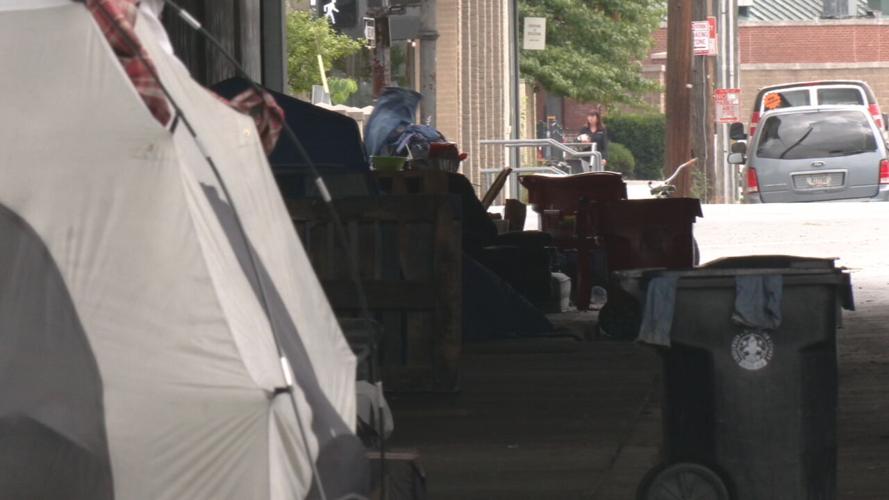 Homeless encampment in downtown Louisville near Wayside Christian Mission