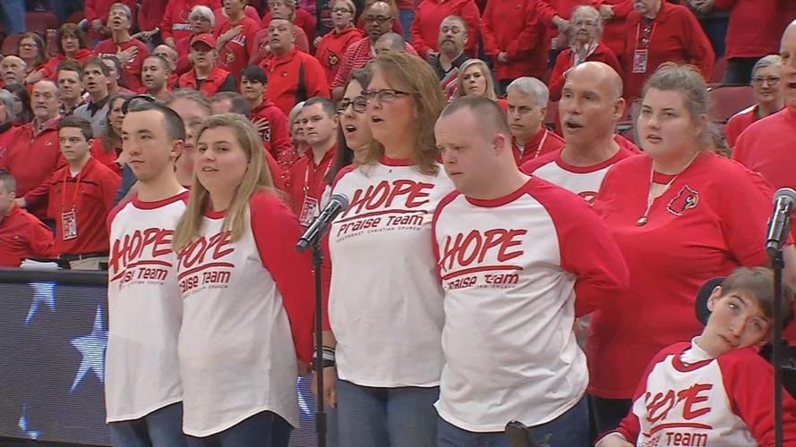 H.O.P.E. disabilities choir sings National Anthem at U of L women's basketball game - Feb. 6, 2020