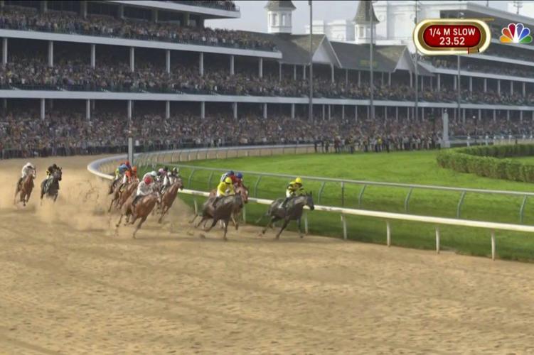 The field rounds the first turn in a computer-simulated version of the Kentucky Derby