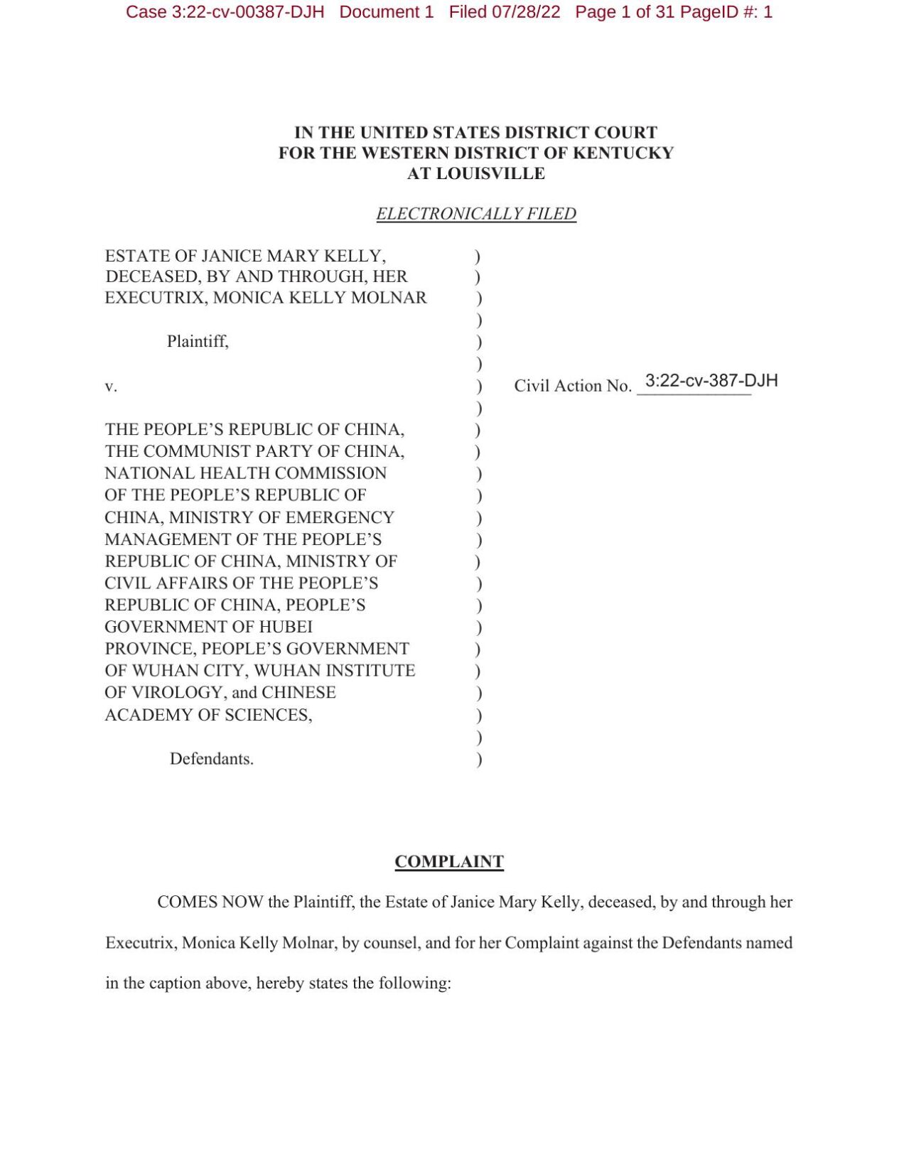 COVID-19 China Lawsuit