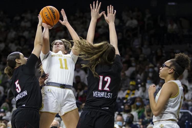 Notre Dame's Sonia Citron goes up for a shot with pressure from Louisville's Mykasa Robinson.jpeg