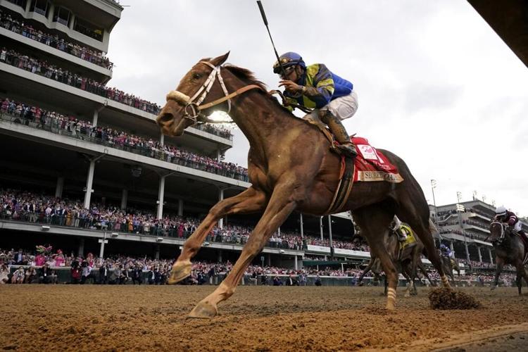 Luis Saez rides Secret Oath as he wins the 148th running of the Kentucky Oaks horse race.jpeg