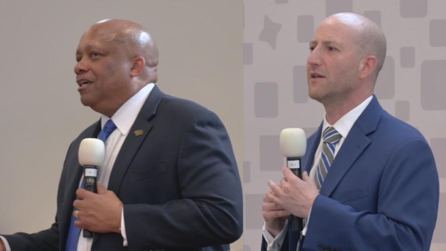 Ben Shuldiner and Dr. Harold Brian Yearwood at JCPS public forum 5-20-25