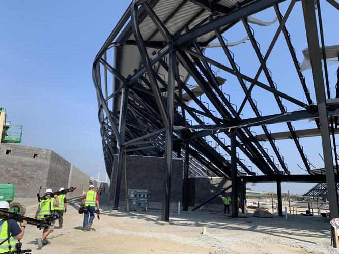 Crews finish laying the steel structure for the stadium roof