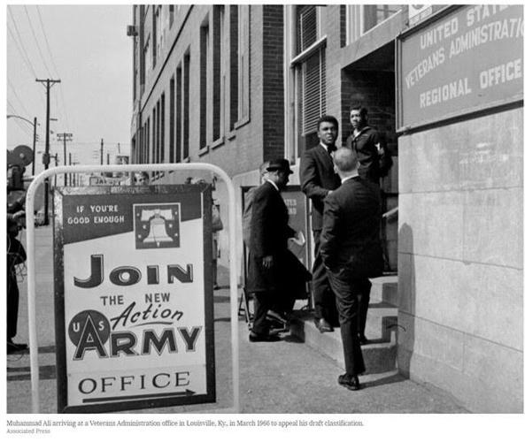 Muhammad Ali outside veterans affairs office in Louisville in 1966 - AP