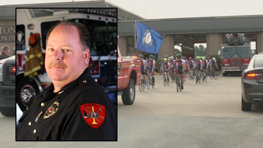 Zoneton Fire Department Chief Rob Orkies against backdrop of Kentucky Brotherhood Ride