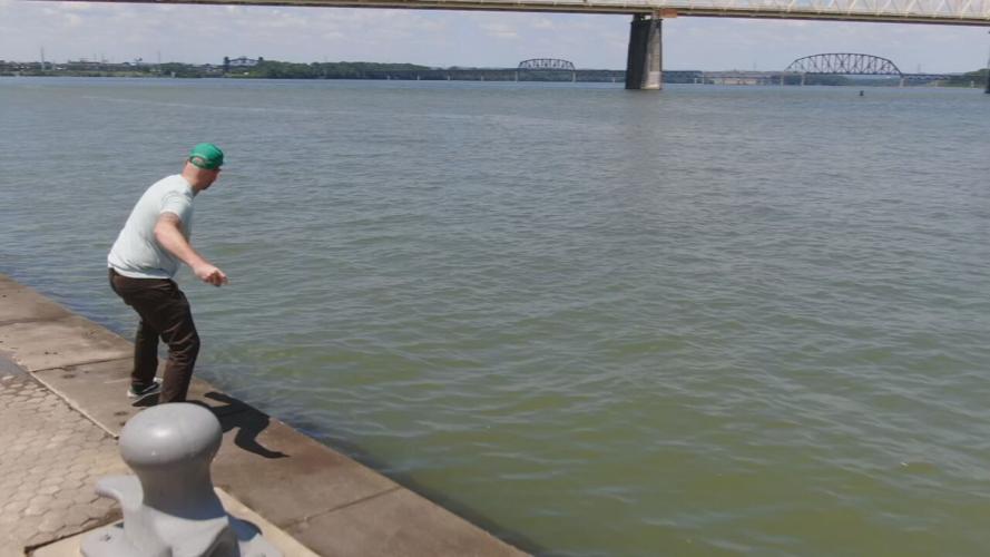 Stone Skipping Champ Jon Jennings practices on Ohio River in Louisville