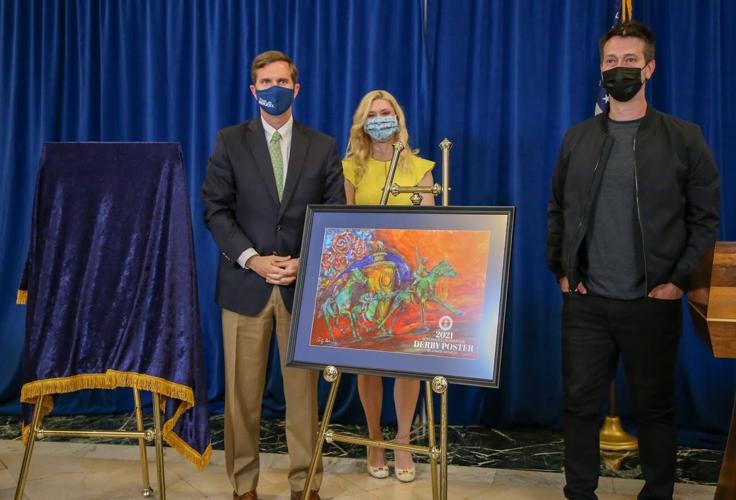 Gov. Andy Beshear, First Lady Brittany Beshear and artist Lennon Michalski unveil the official poster of Kentucky Derby 147