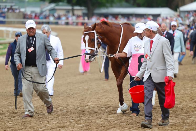Men walk horse ahead of Derby.JPG