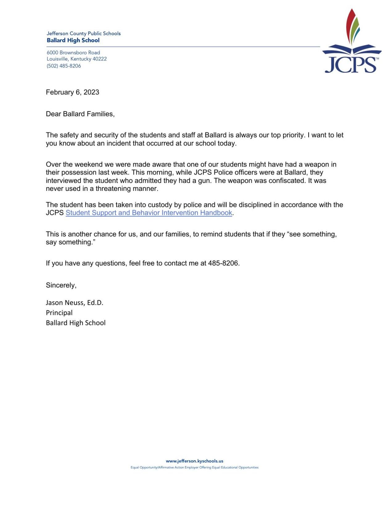 Ballard High School letter to parents about gun on campus