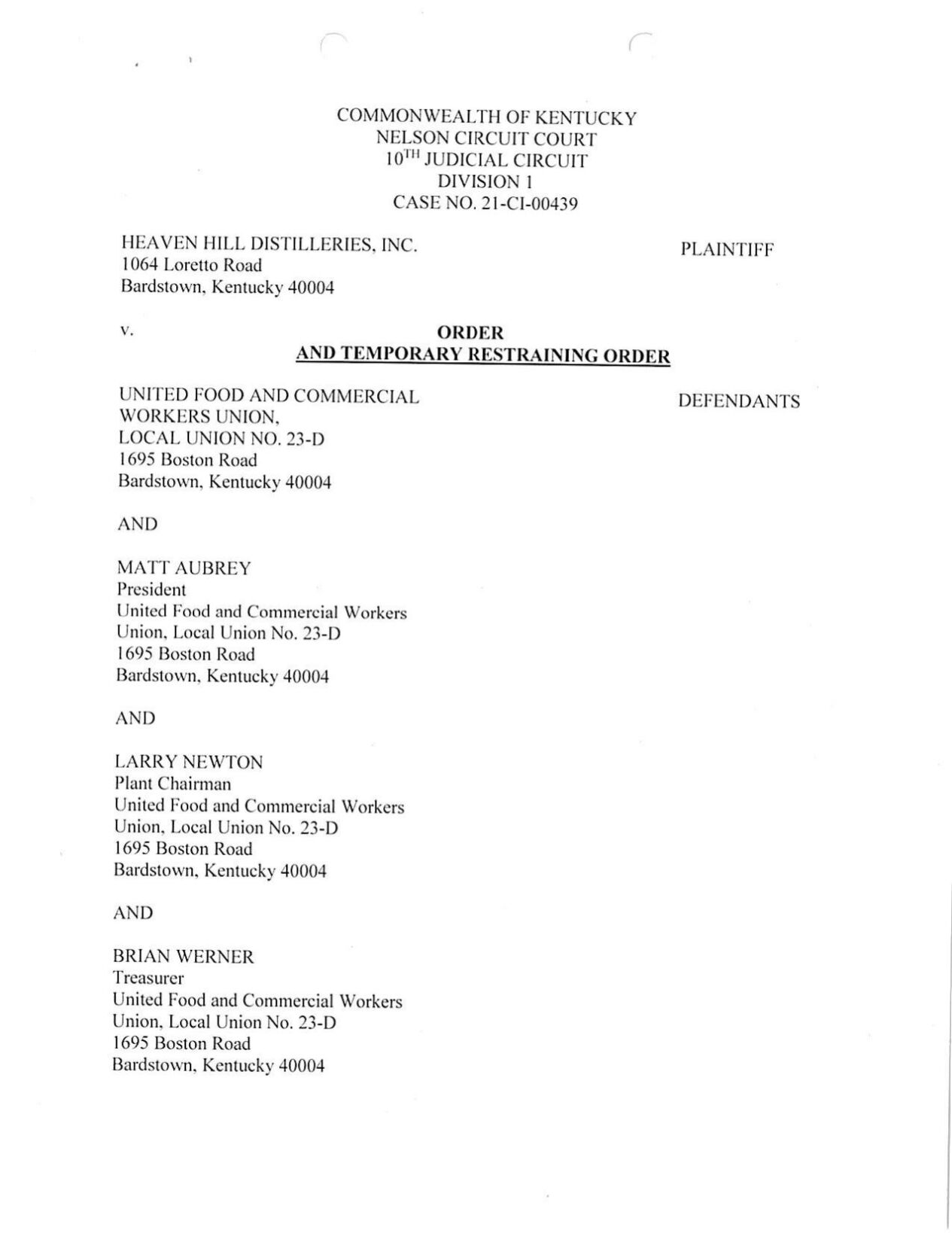 Heaven Hill Restraining Order