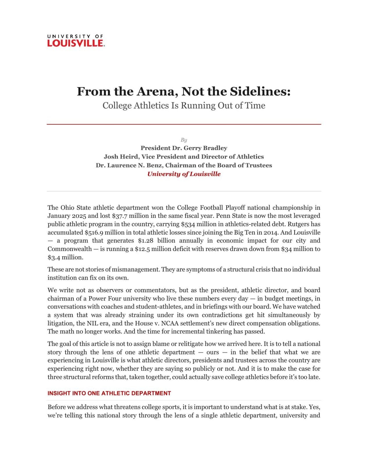 Louisville report: College Athletics is Running Out of Time