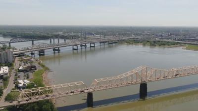 Aerial view of Ohio River with bridges in background