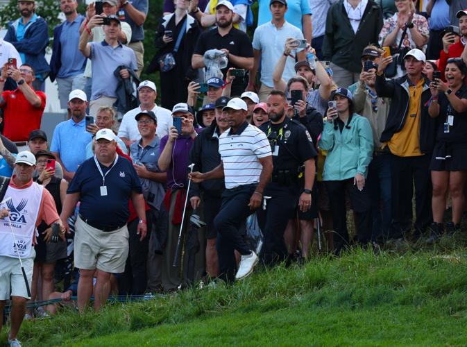 Fans react after Tiger Woods chips on 18th green.JPG