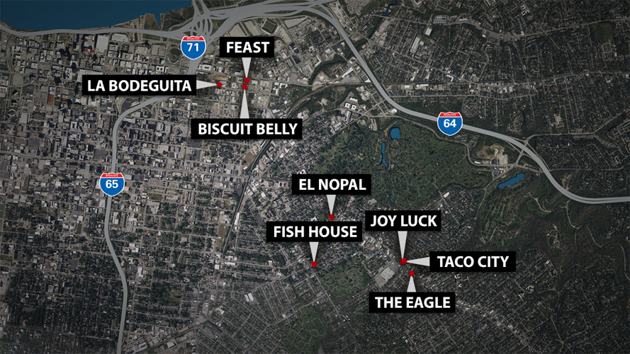 Map of cooking oil thefts at Louisville restaurants - 3.21.25