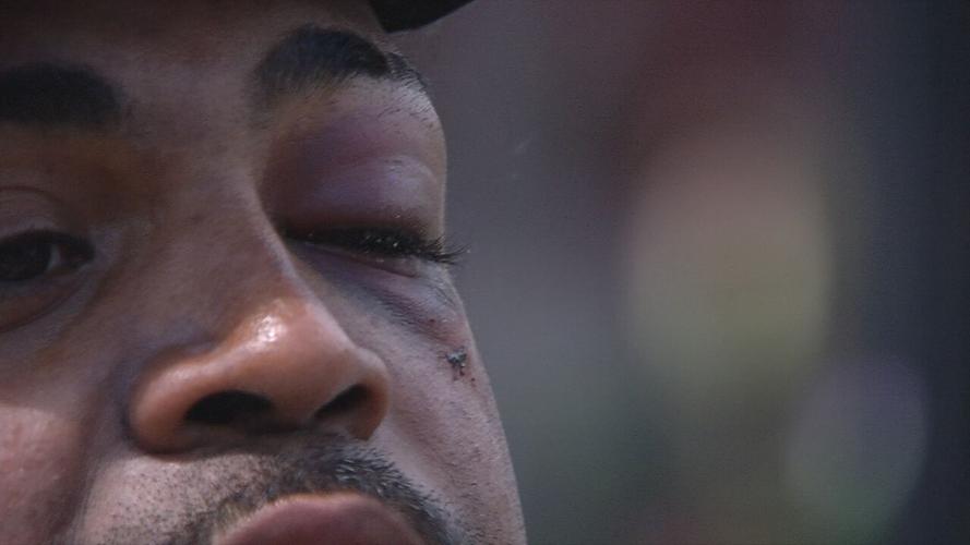 Denorver Garrett speaks to the media on Monday, April 19, 2021, at Jefferson Square Park