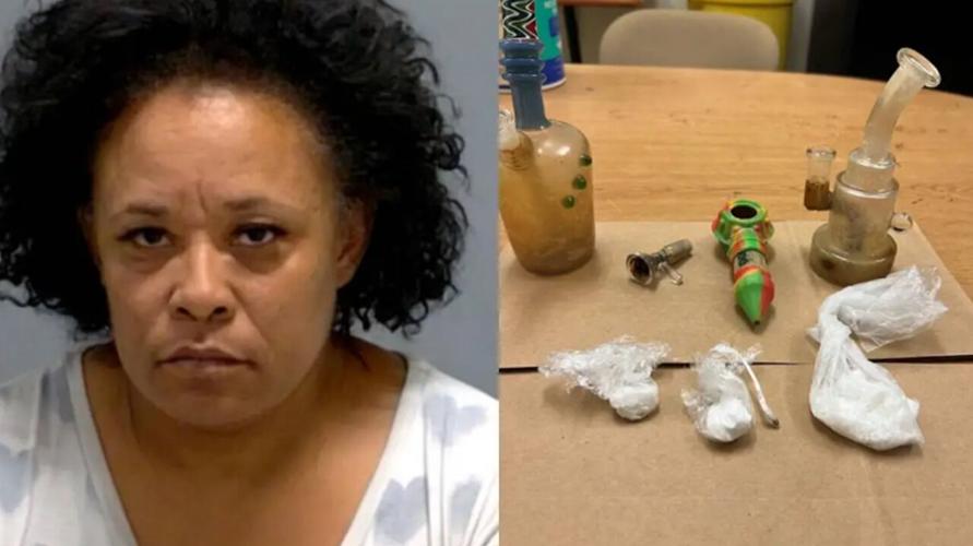 Angela Cook (at left) and drugs police say were found on her person (at right)