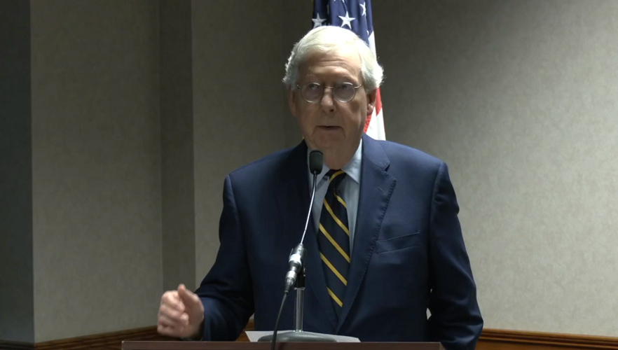 Mitch McConnell answers questions in Louisville on Aug. 29, 2022
