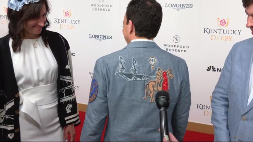 Louisville Mayor Craig Greenberg shows off his Kentucky Derby 149 jacket