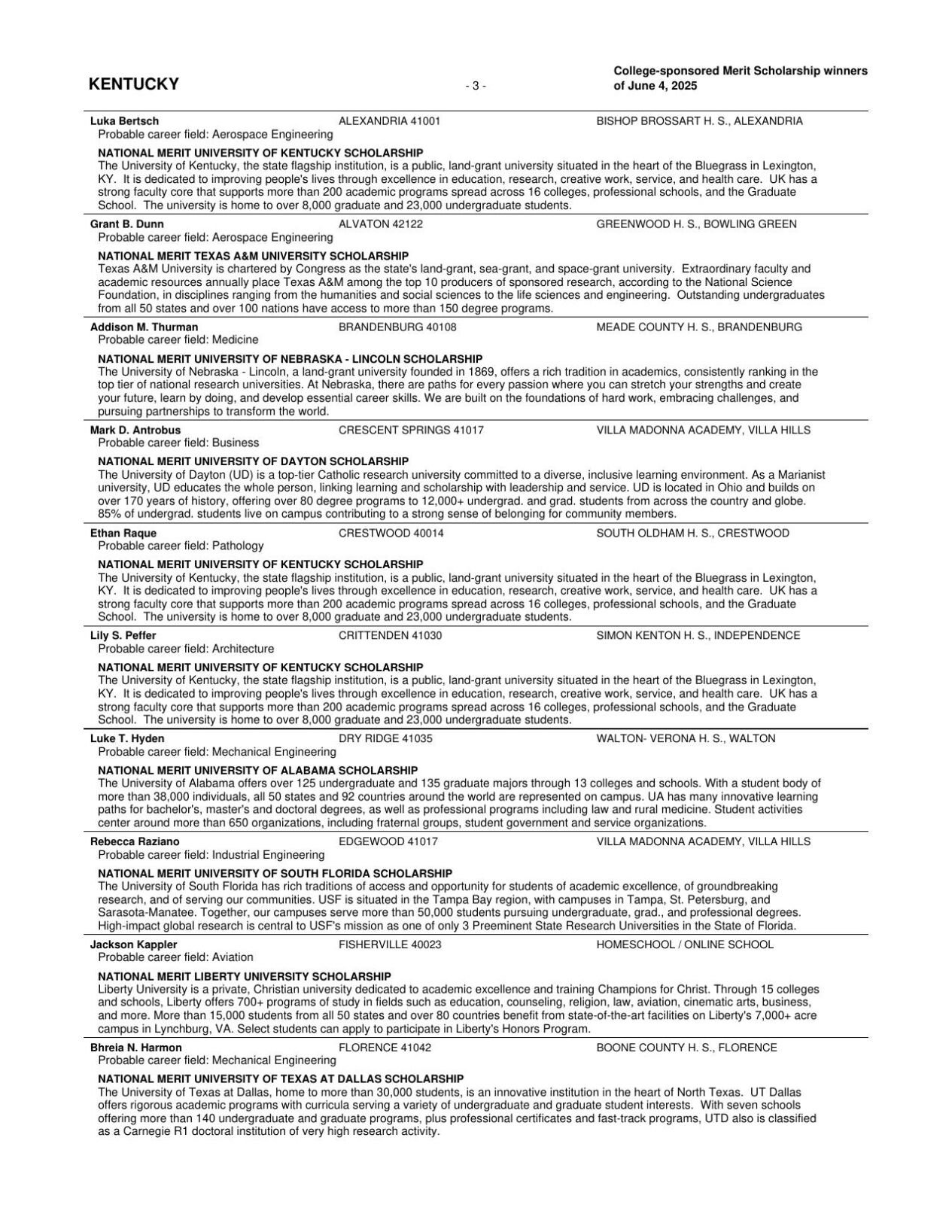 List of National Merit Finalists from Kentucky in 2025
