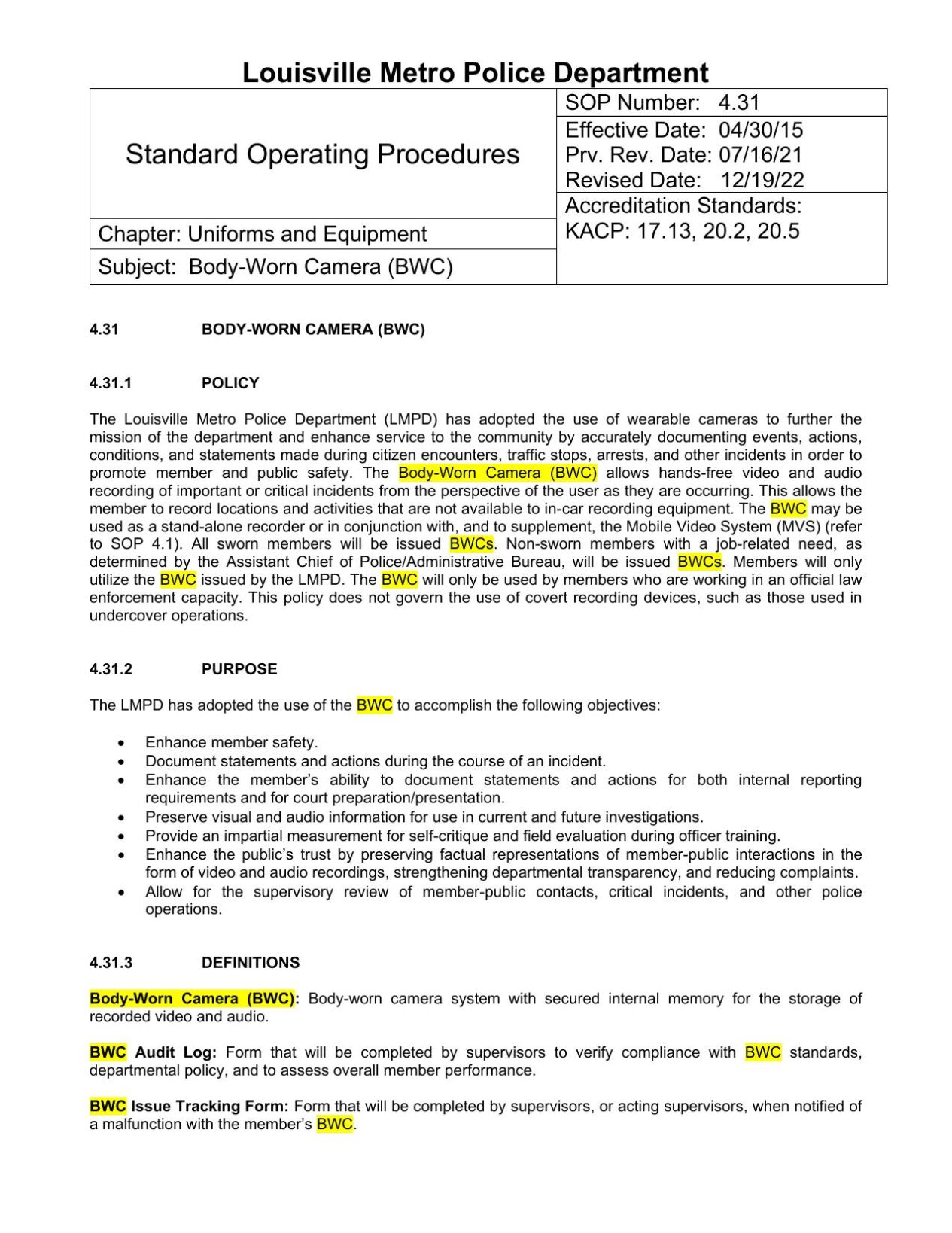 LMPD Body-warn camera footage policy