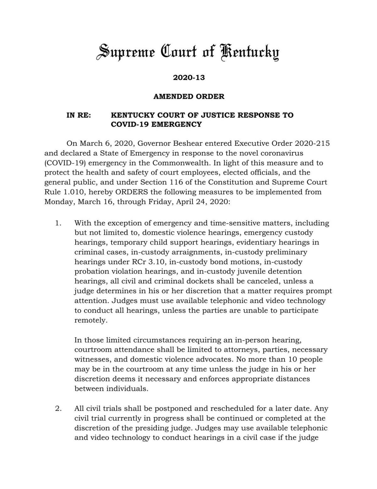 Ky Supreme Court Extends Order Restricting Court Activity Amid Covid 19 Pandemic News Wdrb Com