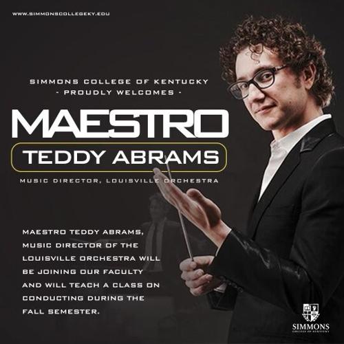 Simmons College of Kentucky graphic announcing addition of Teddy Abrams to teaching staff