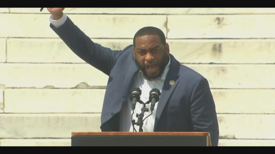 Kentucky State Rep. Charles Booker speaks during a rally at the Lincoln Memorial