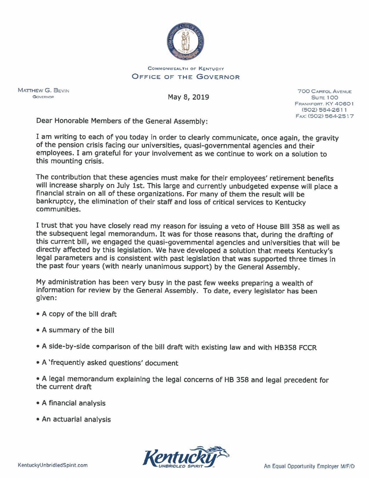 Bevin letter to General Assembly on pension bill 5-8-19