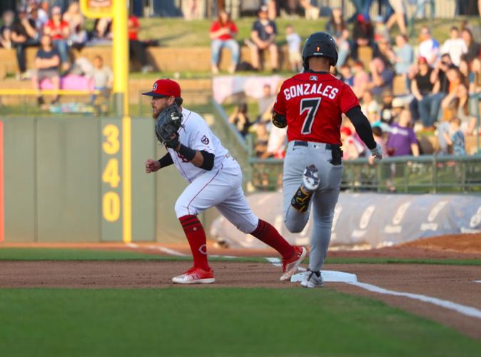 Play at first base at Slugger Field.JPG