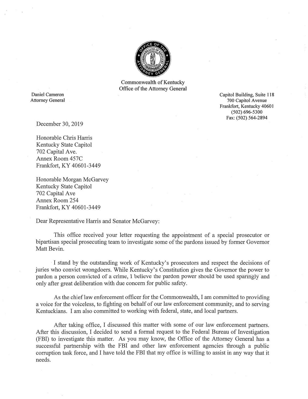 AG Cameron Letter to McGarvey and Harris