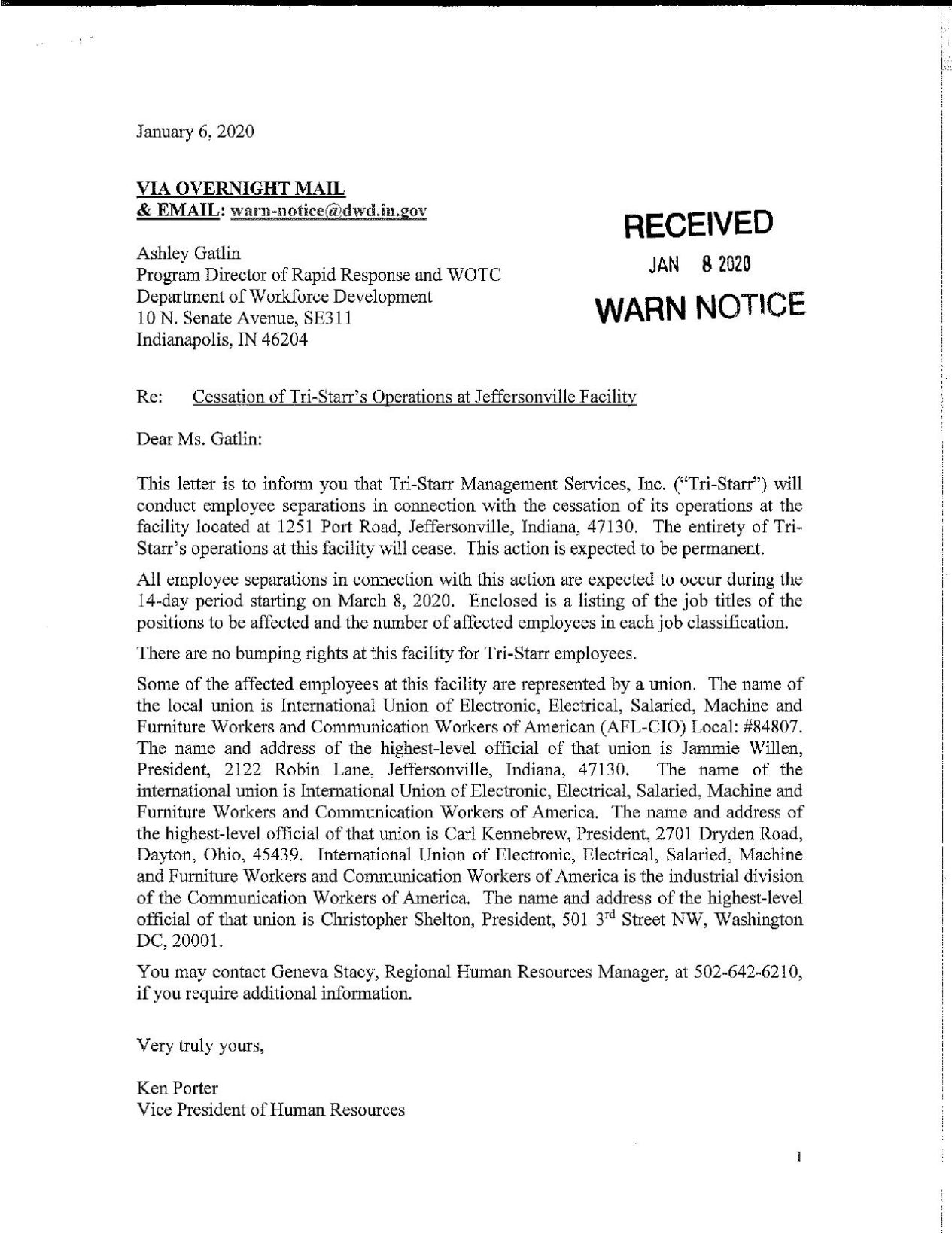Tri-Starr WARN Notice
