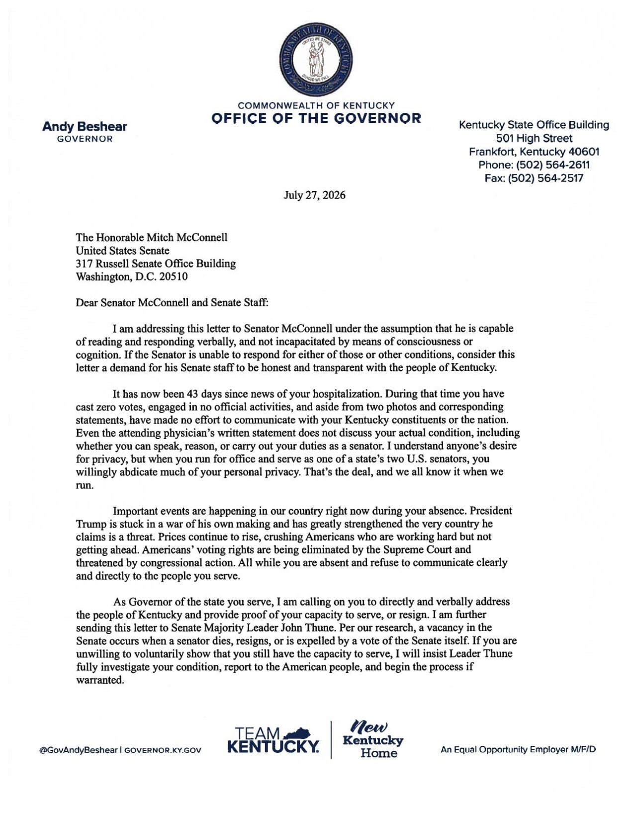 Beshear letter to McConnell 7/27
