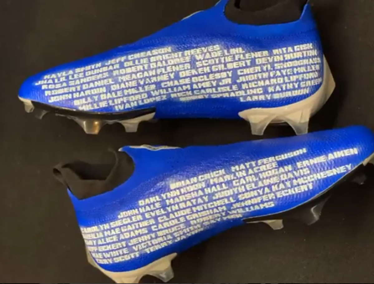 Cleats to be worn by UK quarterback Will Levis on Jan. 1, 2022 to honor Ky. tornado victims