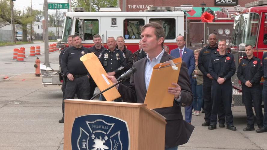 Kentucky Gov. Andy Beshear thanks Louisville firefighters for daring rescues