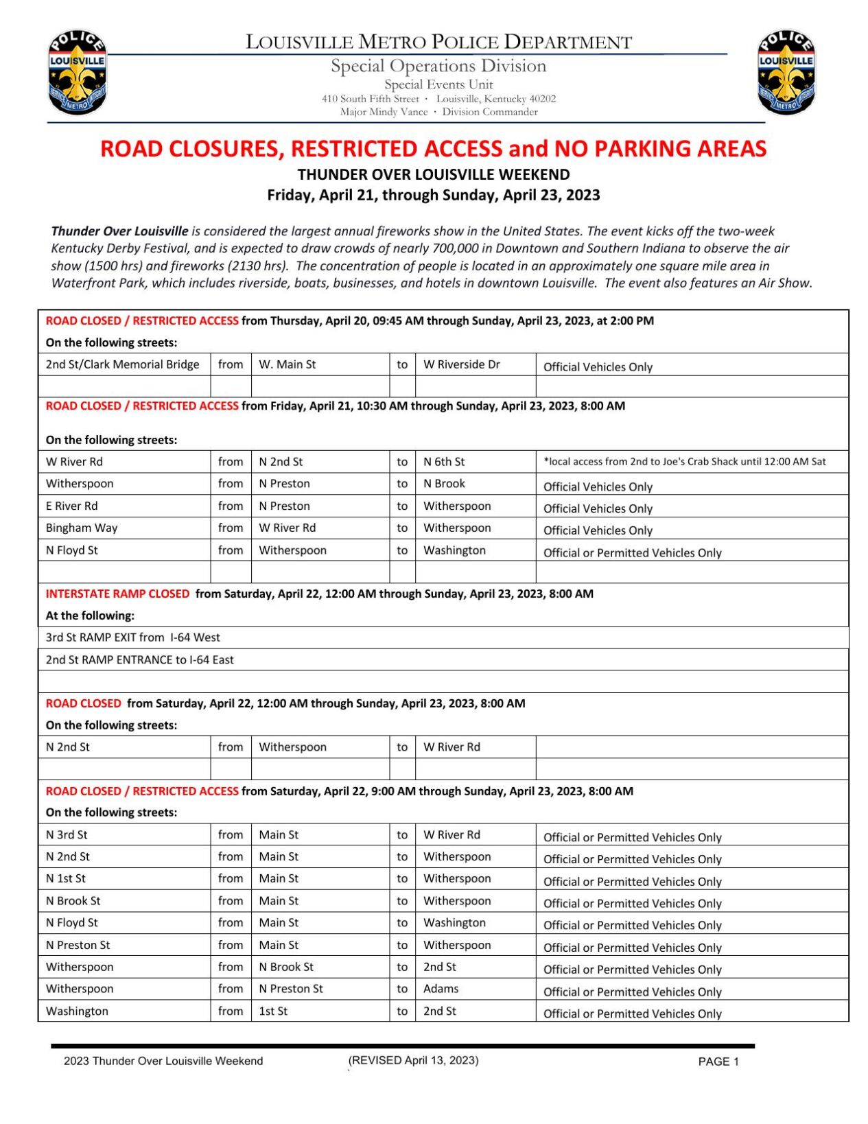 LMPD Thunder over Louisville 2023 road closures/restricted access
