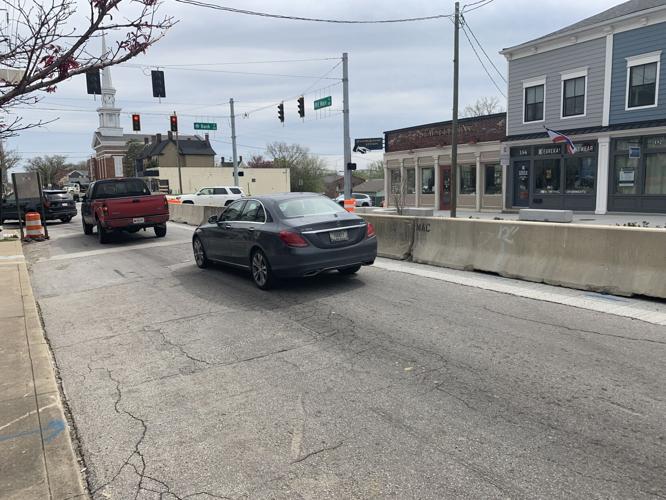 Traffic near businesses in downtown New Albany