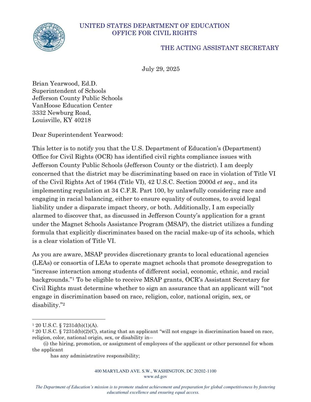 Letter to JCPS from DOE about magnet grant 7-29-2025