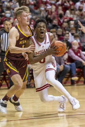 Indiana guard Xavier Johnson reacts as he makes contact with Minnesota guard Luke Loewe.jpeg