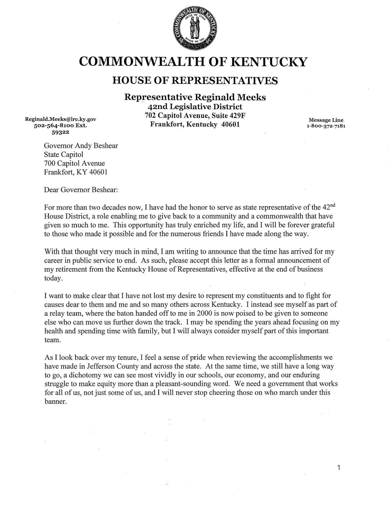Rep. Reginald Meeks retirement letter Dec. 17, 2021